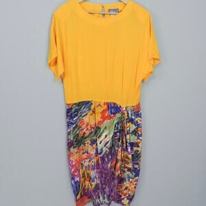 Vintage Alison J Floral Faux Wrap Midi Dress Size XL Yellow Purple Multi Crinkle